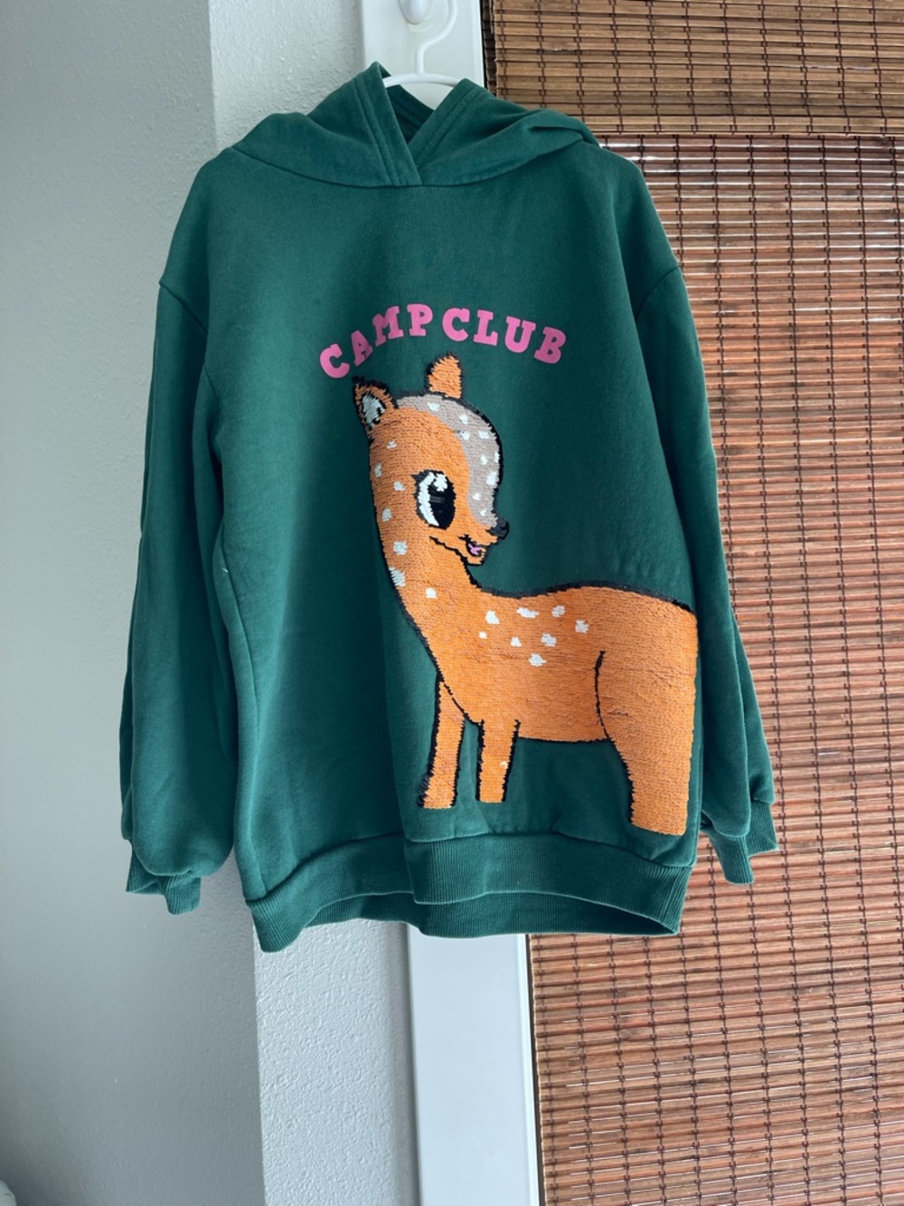 H&M kids Dark Green Hoodie with Orange Deer and Pink 'CAMP CLUB'